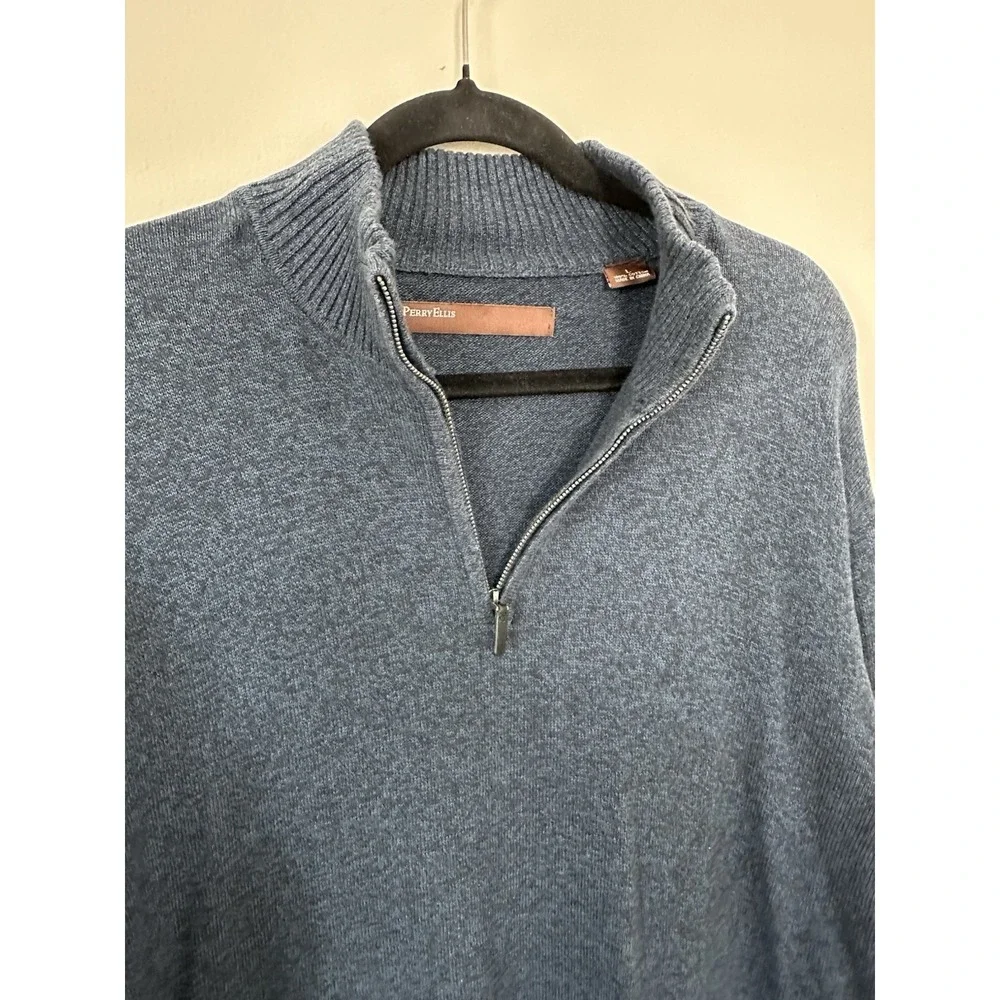 Perry Ellis Mens 1/4 Zip Sweater Knit Navy Blue Size Large‎ 100% Cotton Heritage